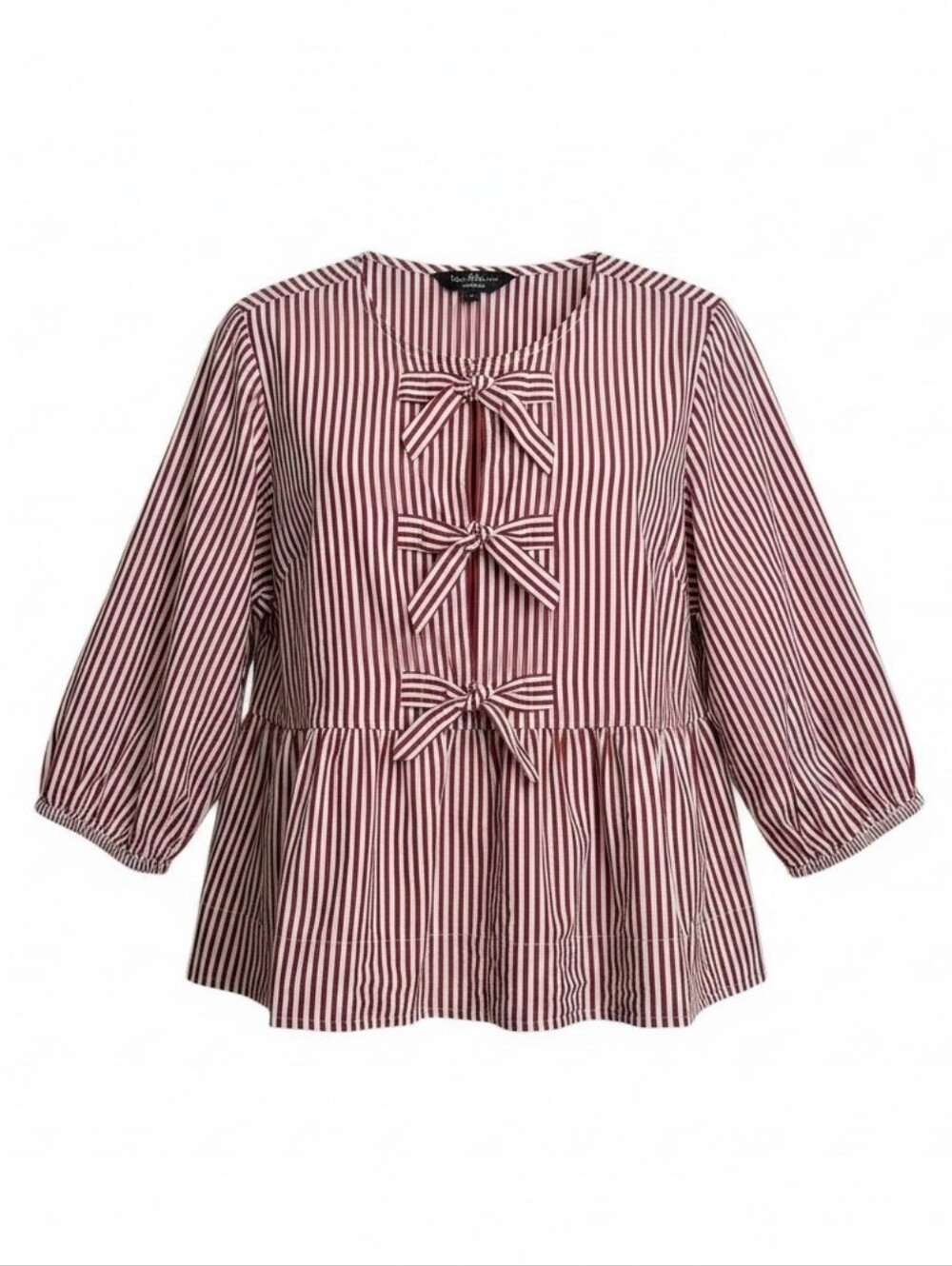 Velvet Heart Red and White Striped Peplum Blouse 100% Cotton with Front Bows Med